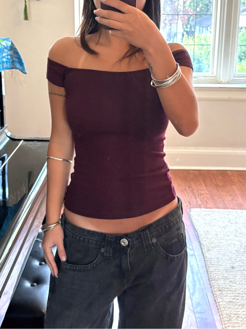 Motel Rocks Off Shoulder Top Ribbed Burgundy Wine Red